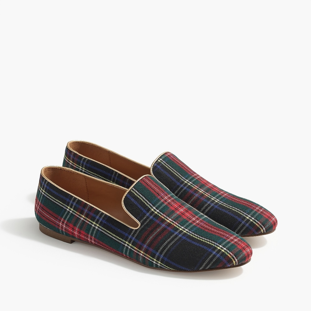 New! J. Crew Womens Smoking Slipper Black Tartan Plaid Loafers Shoes